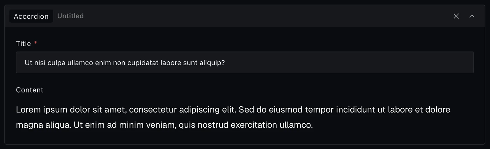 The accordion block fields in the Payload editor
