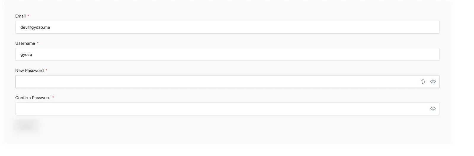 Account password section with New Password and Confirm Password fields