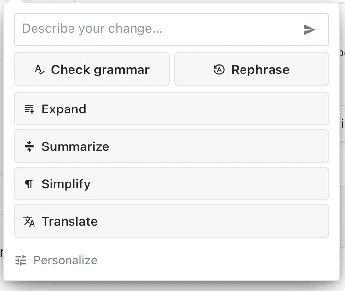 Text-field assistant with a prompt box and grammar, rephrase, expand, summarize, simplify and translate actions
