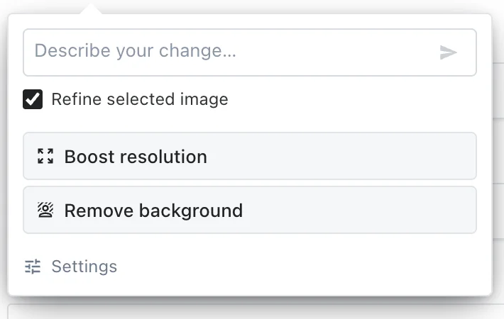 Image assistant with Refine selected image, Boost resolution and Remove background options