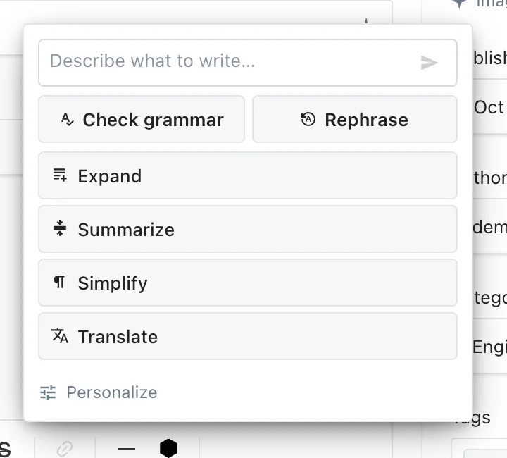 Content editor AI menu with writing instructions and revision actions