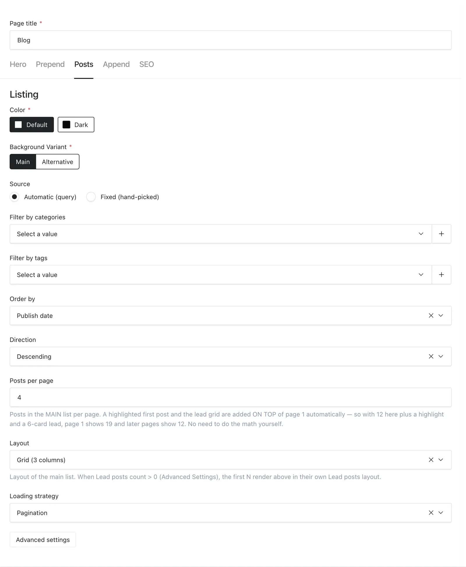 Blog page Posts tab showing automatic listing and category and tag filters