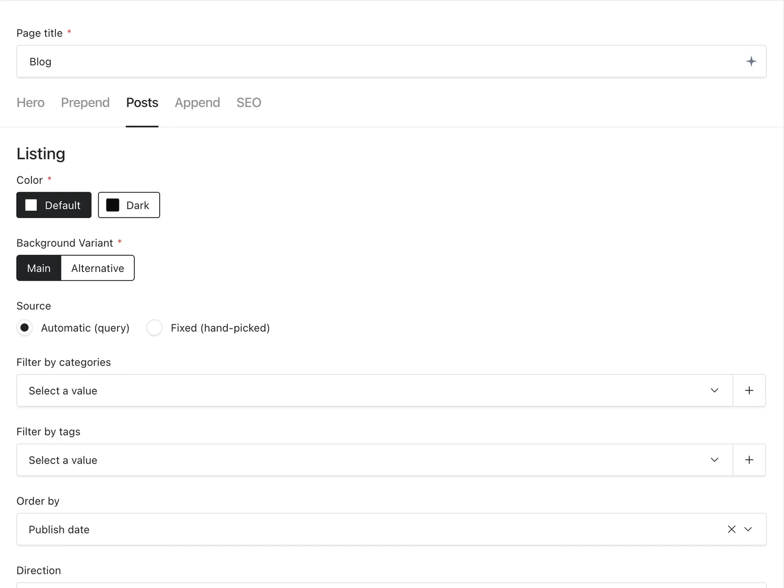 Blog page Posts tab showing automatic listing and category and tag filters