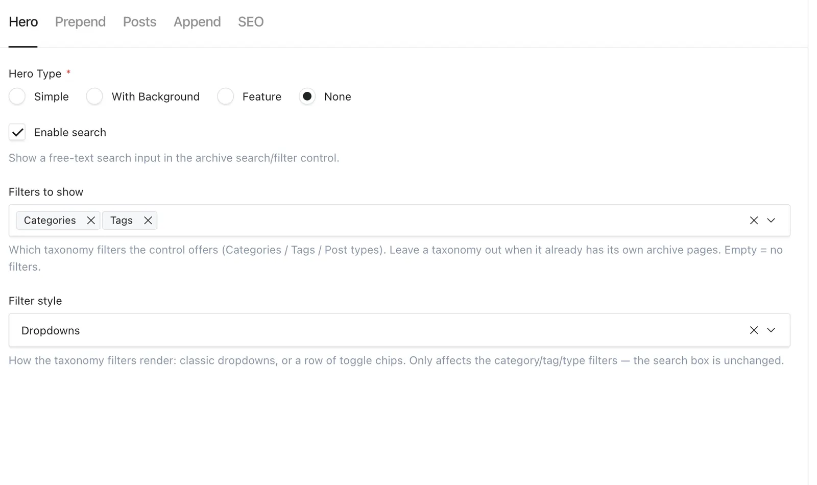 Archive hero settings with Enable search, Filters to show, and Filter style