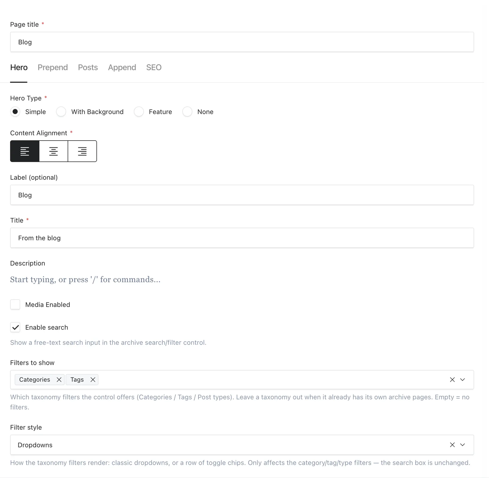 Archive hero settings with Enable search, Filters to show, and Filter style