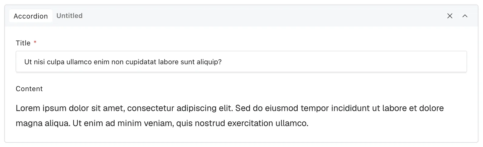 Accordion in the editor with its main content and settings controls