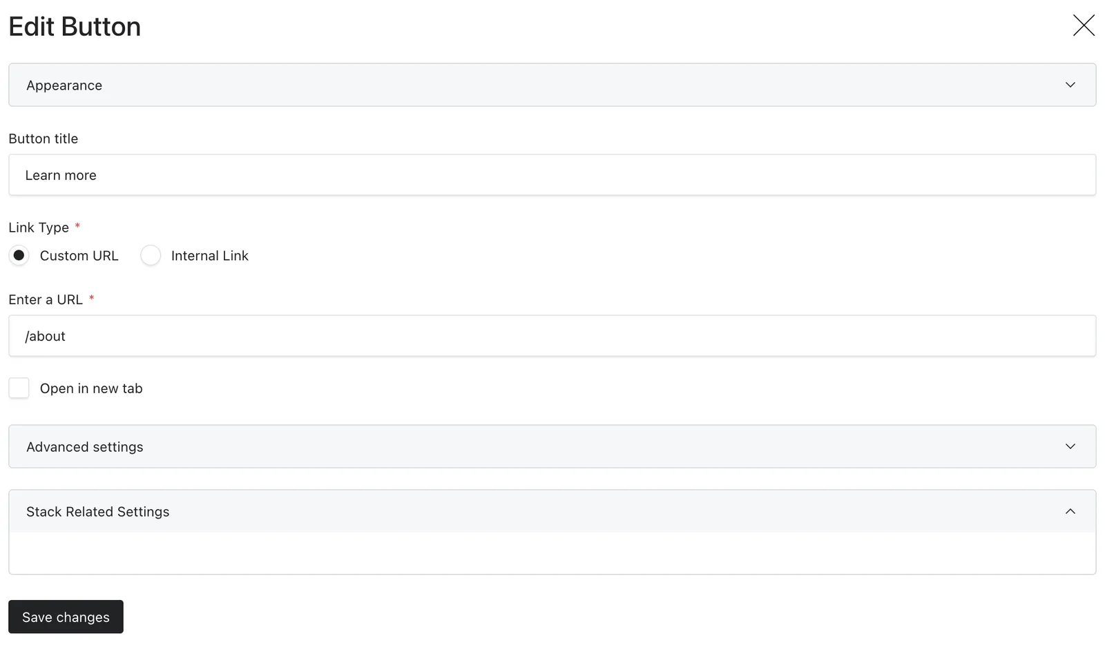 The Button editor drawer with its main settings