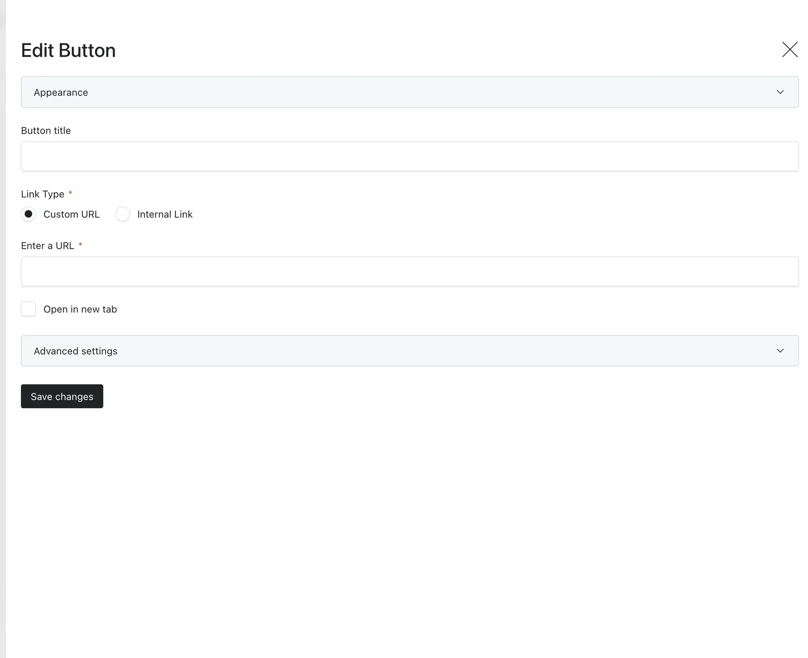 The Button editor drawer with its main settings