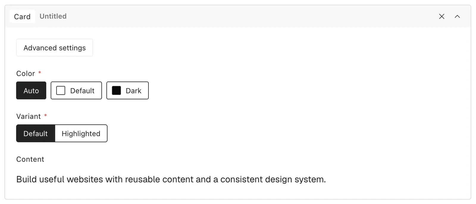 Card in the editor with its main content and settings controls