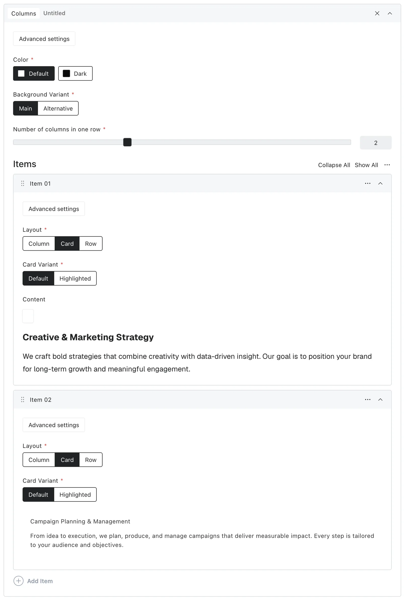 Columns in the editor with its main content and settings controls
