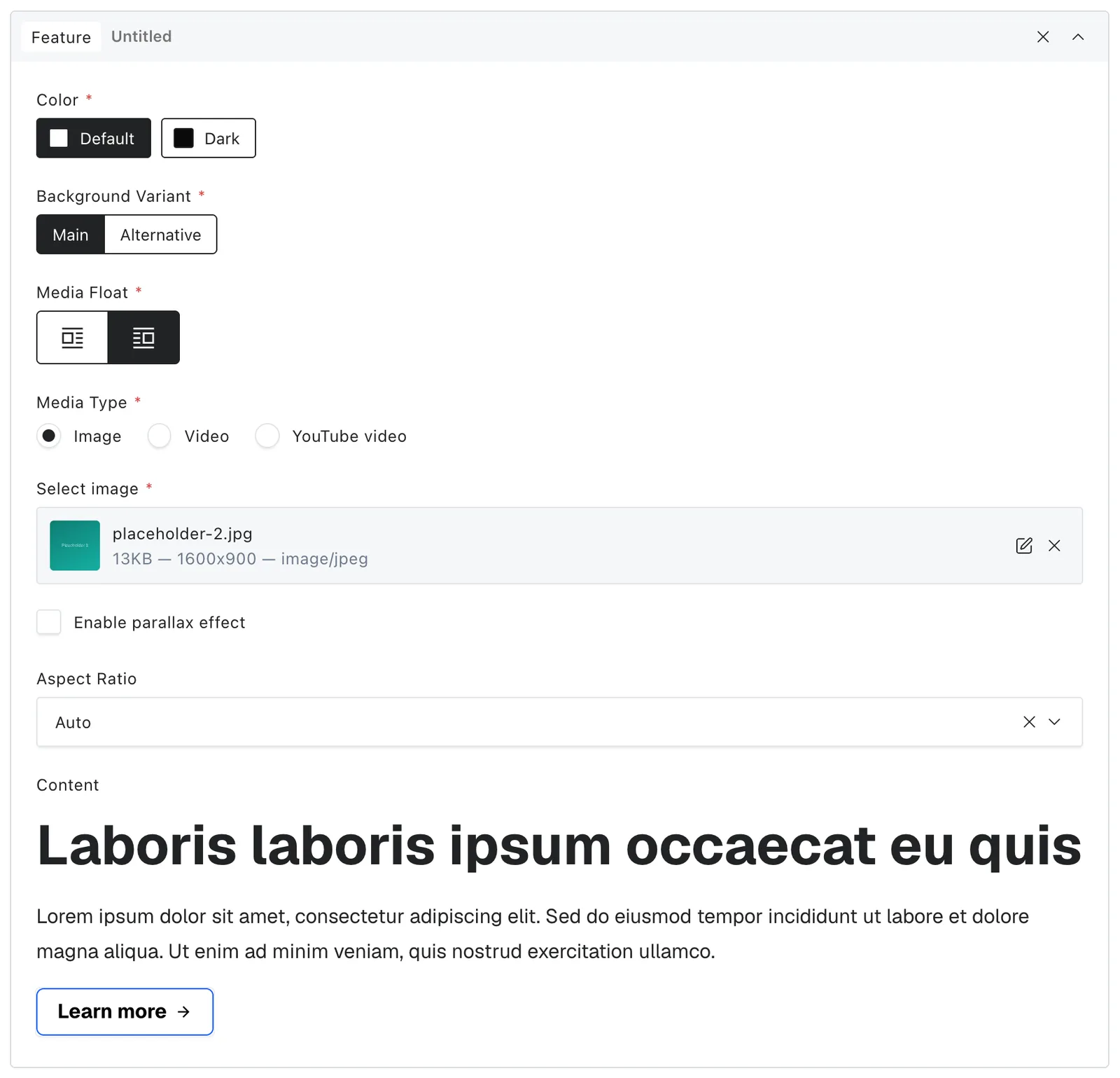 Feature in the editor with its main content and settings controls