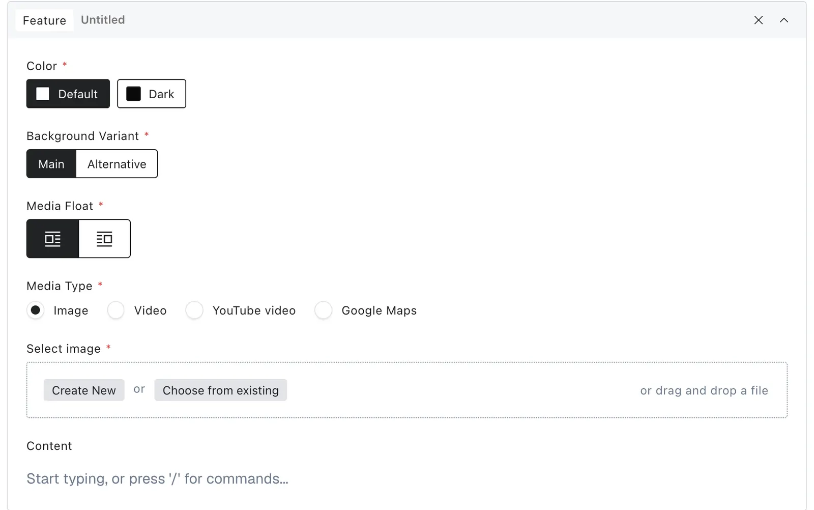 Feature in the editor with its main content and settings controls