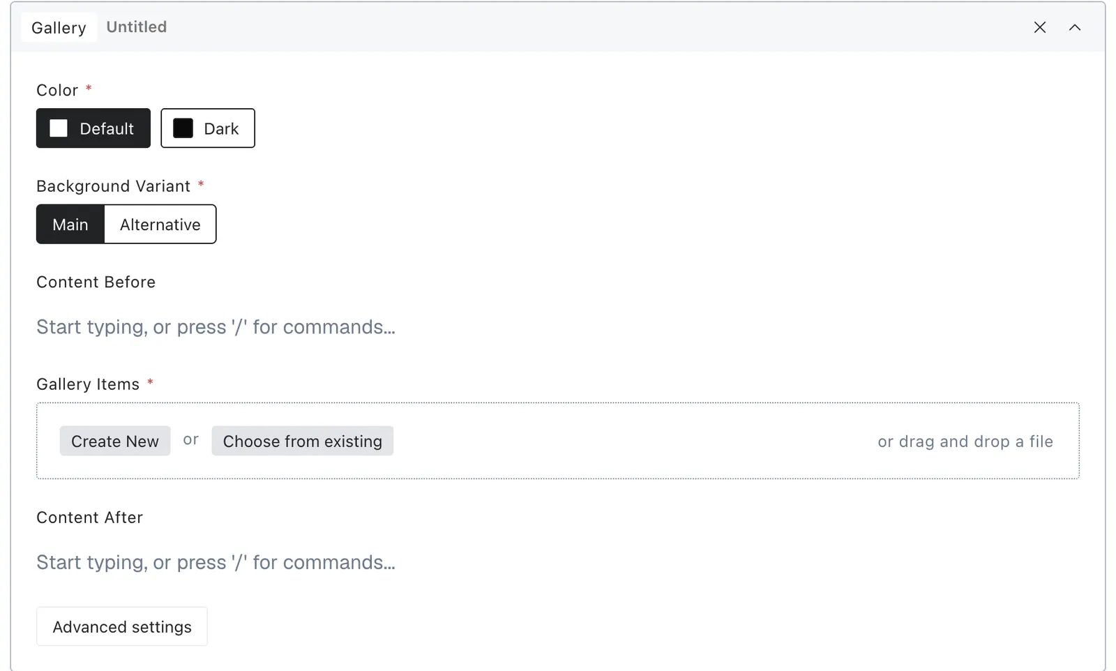 Gallery in the editor with its main content and settings controls