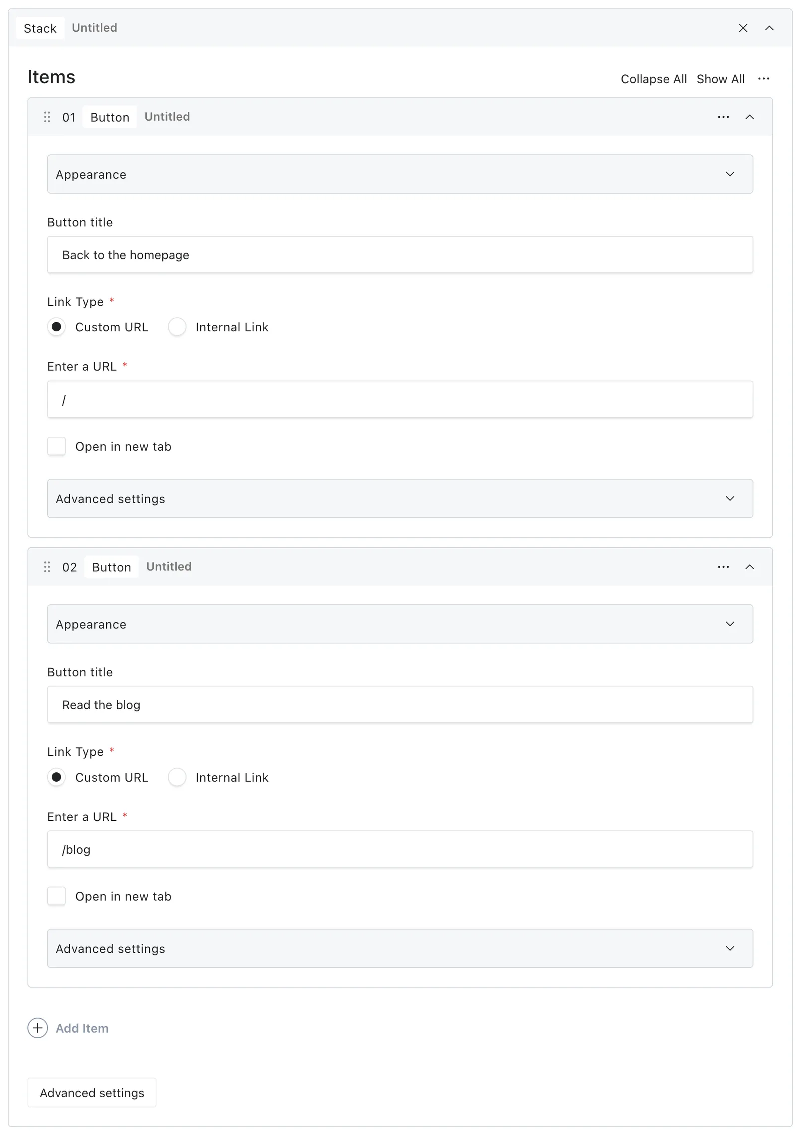 Nested Stack in the editor with its main content and settings controls