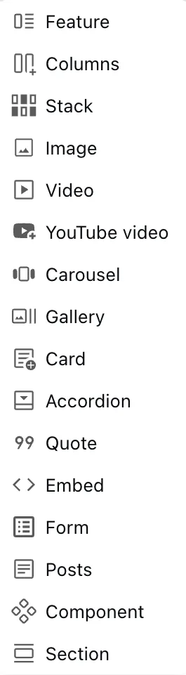 The page editor block menu with choices including Feature, Image, Quote, Form and Posts