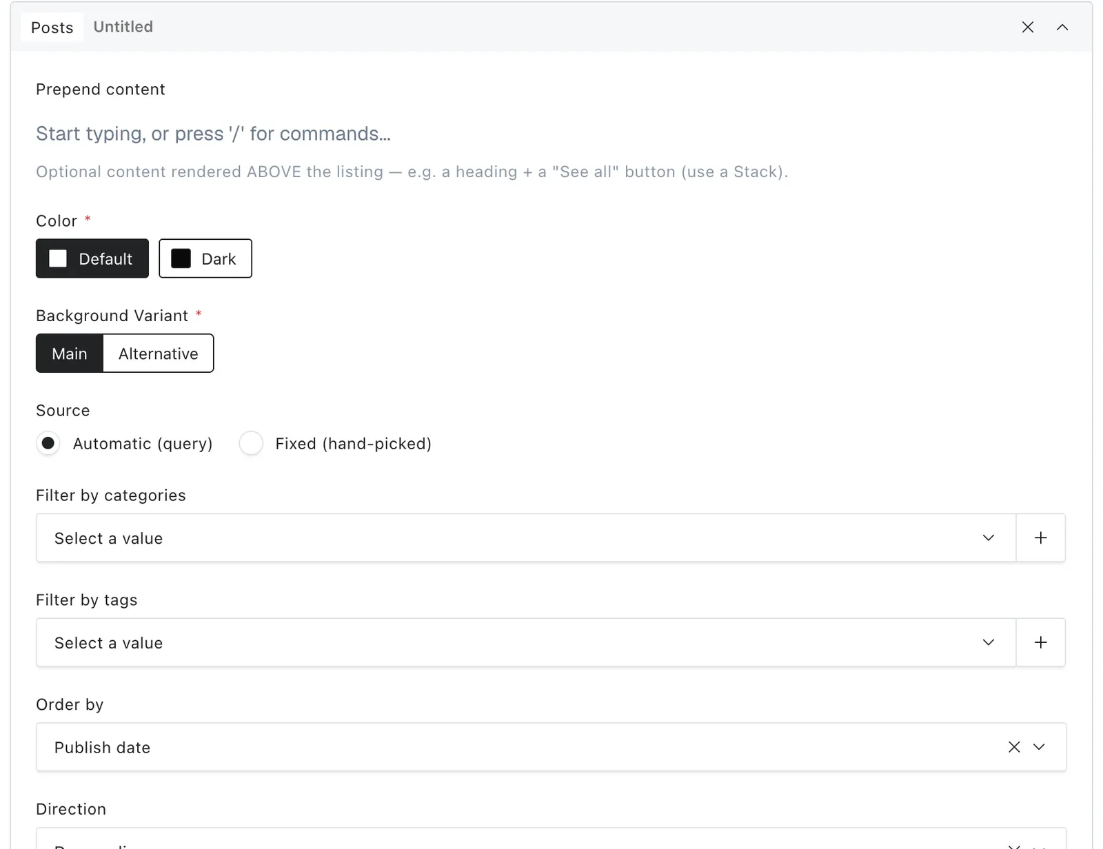 Posts in the editor with its main content and settings controls