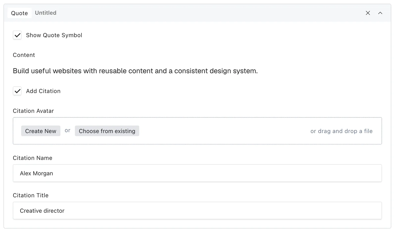Quote in the editor with its main content and settings controls