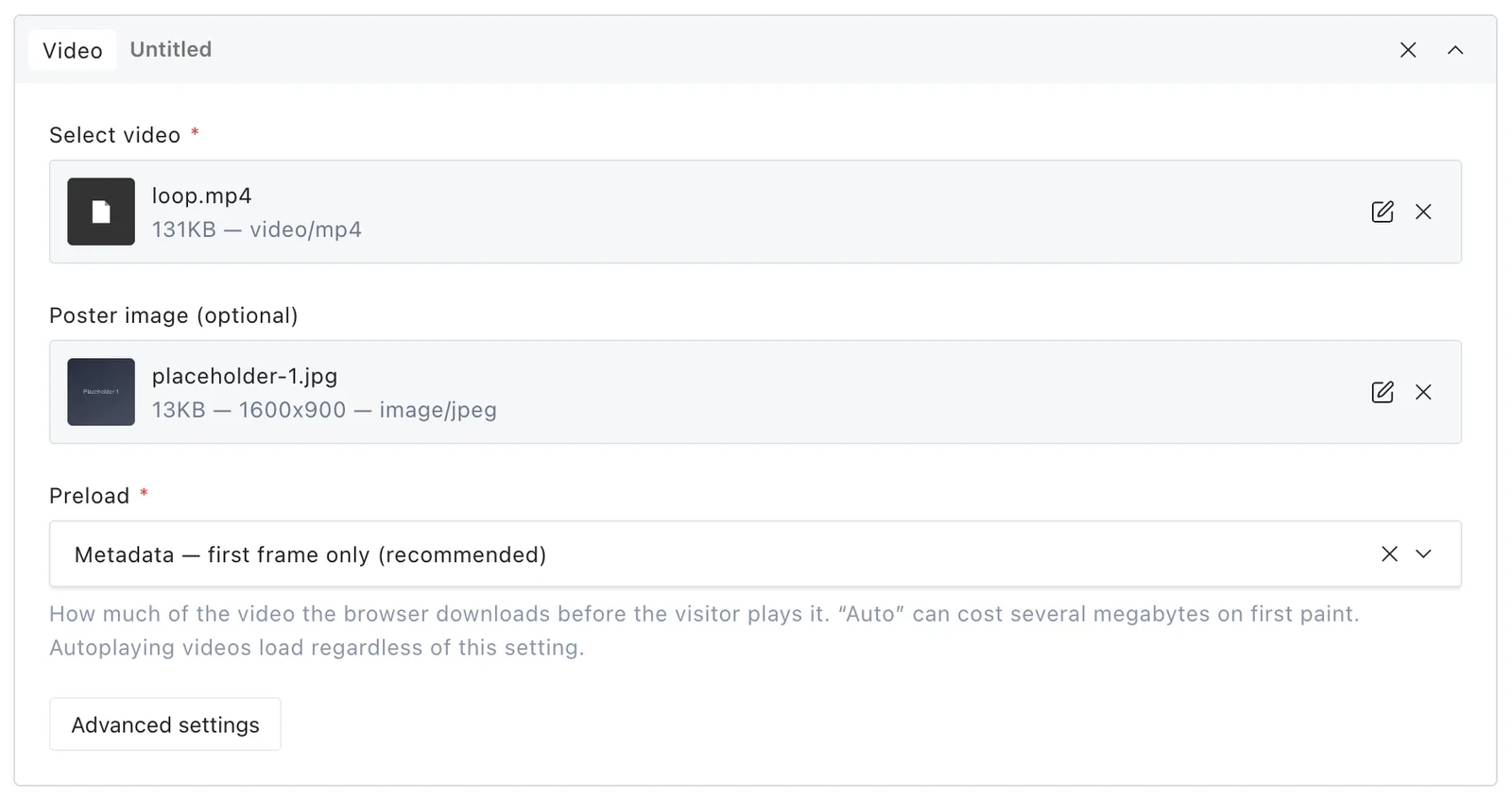Video in the editor with its main content and settings controls