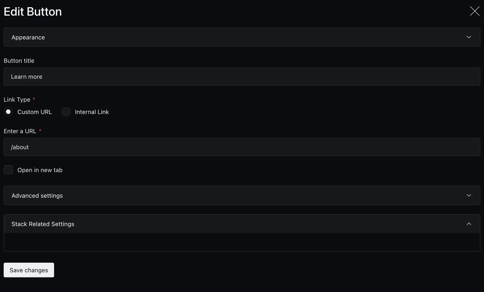 The button block fields in the Payload editor