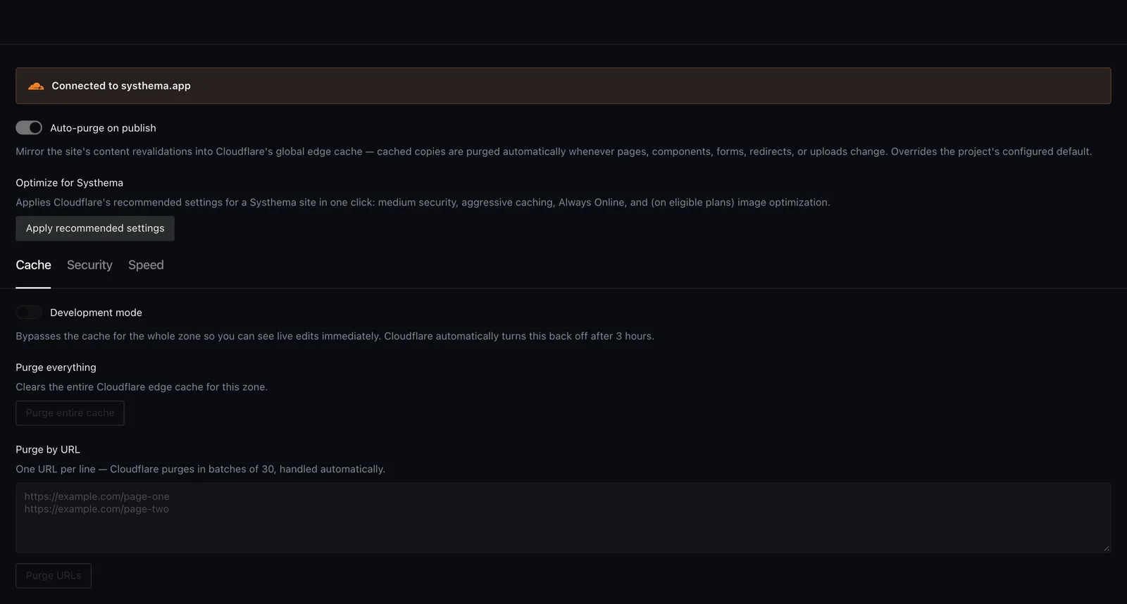 Cloudflare Admin Cache tab with demo controls disabled