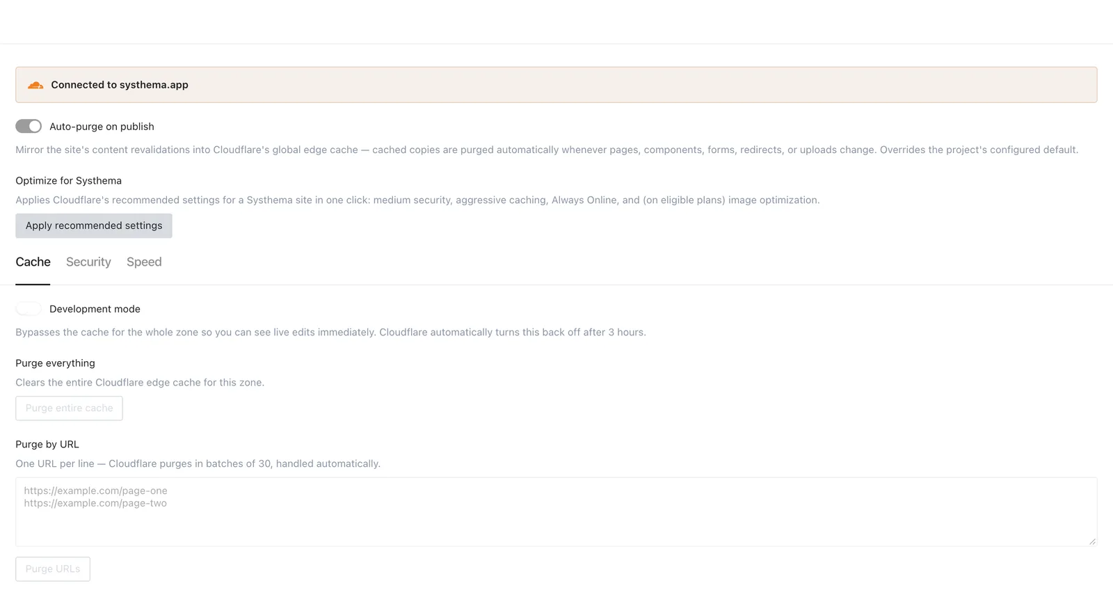 Cloudflare Admin Cache tab with demo controls disabled
