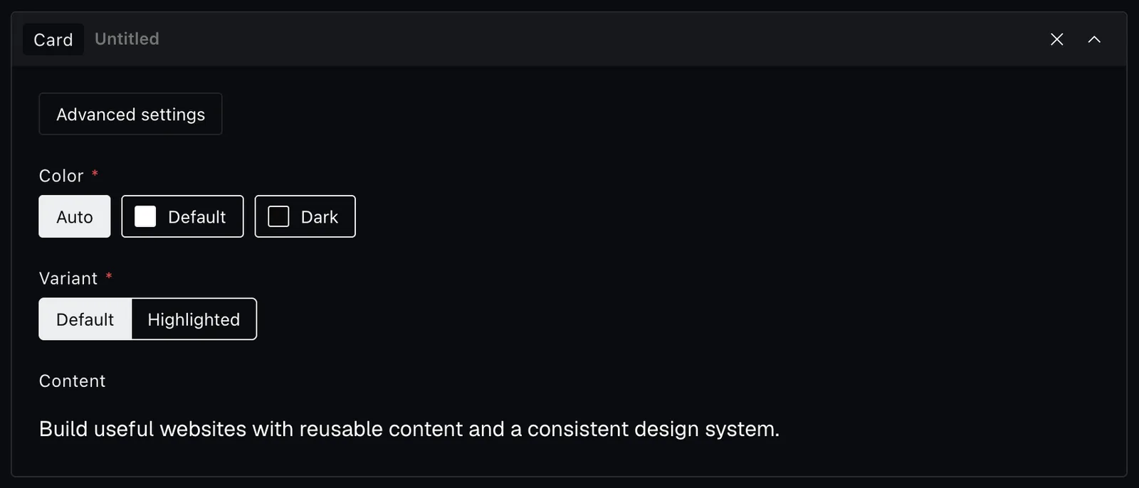 The card block fields in the Payload editor
