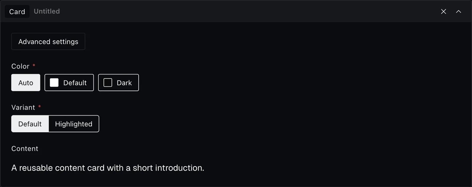 The card block fields in the Payload editor