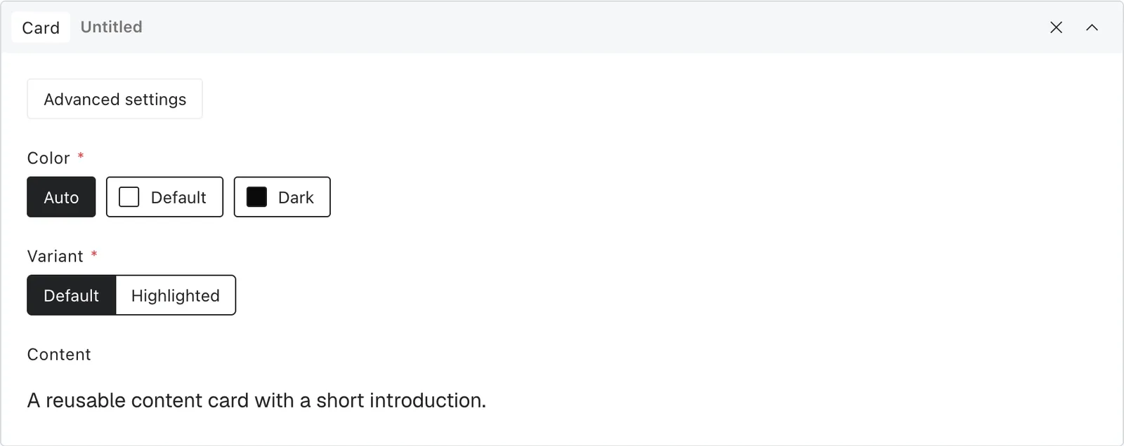 The card block fields in the Payload editor