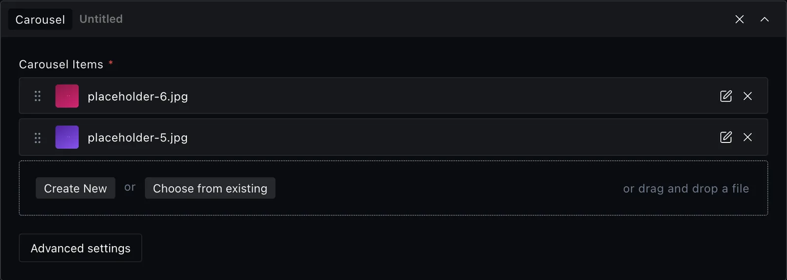 The carousel block fields in the Payload editor