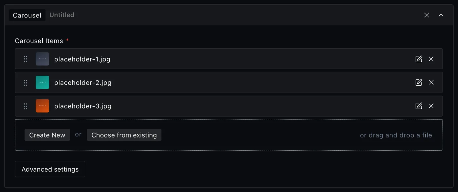 The carousel block fields in the Payload editor