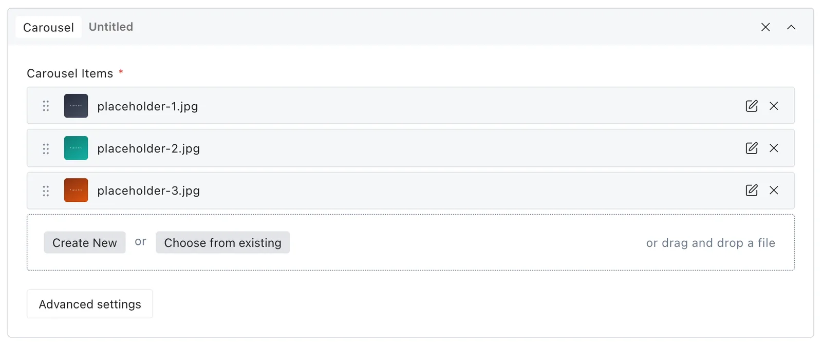 The carousel block fields in the Payload editor
