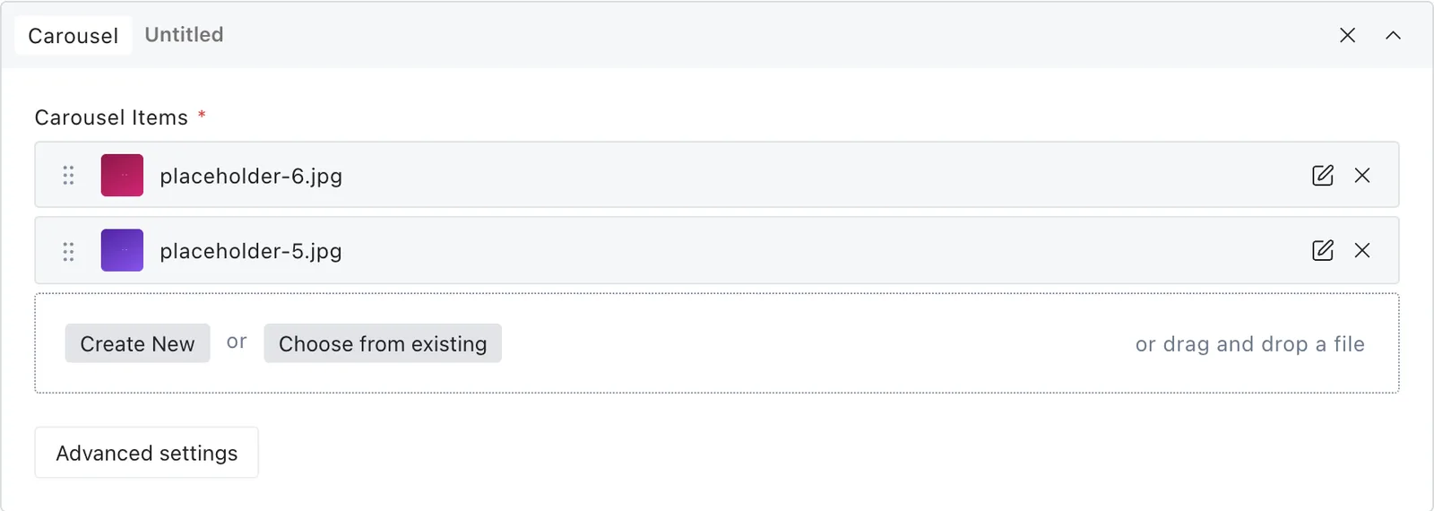 The carousel block fields in the Payload editor