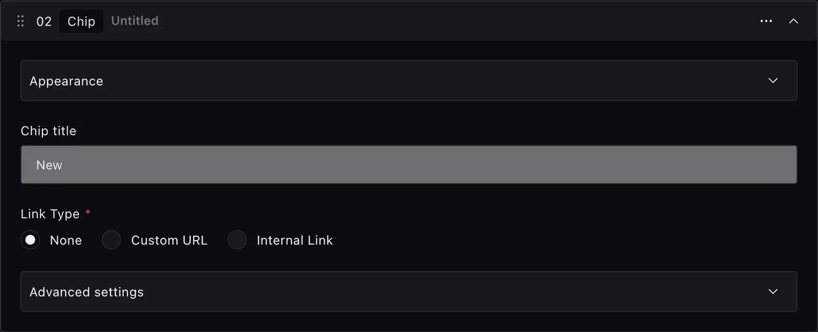 The chip block fields in the Payload editor