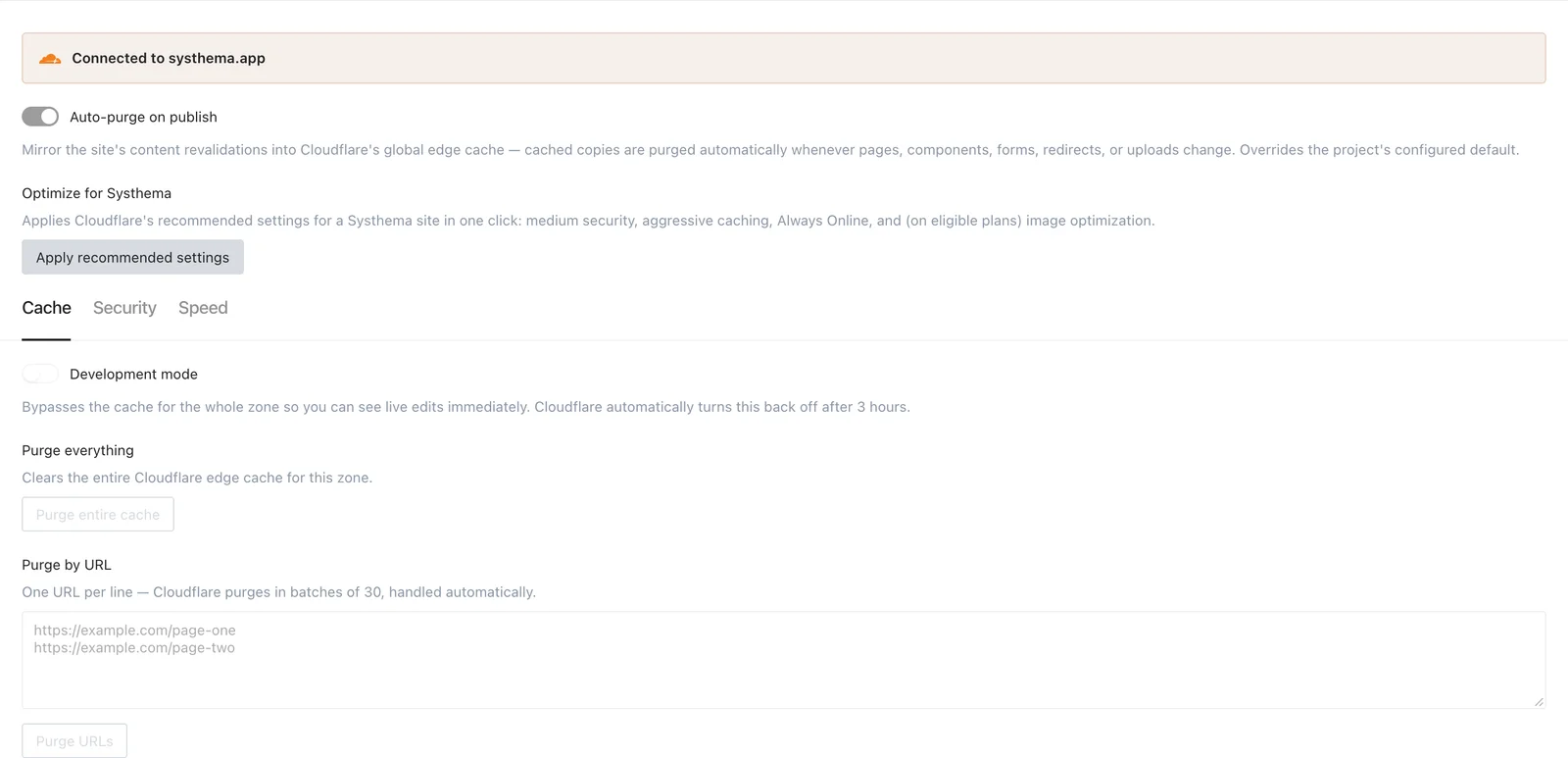Cloudflare page showing connection, auto-purge setting and cache controls
