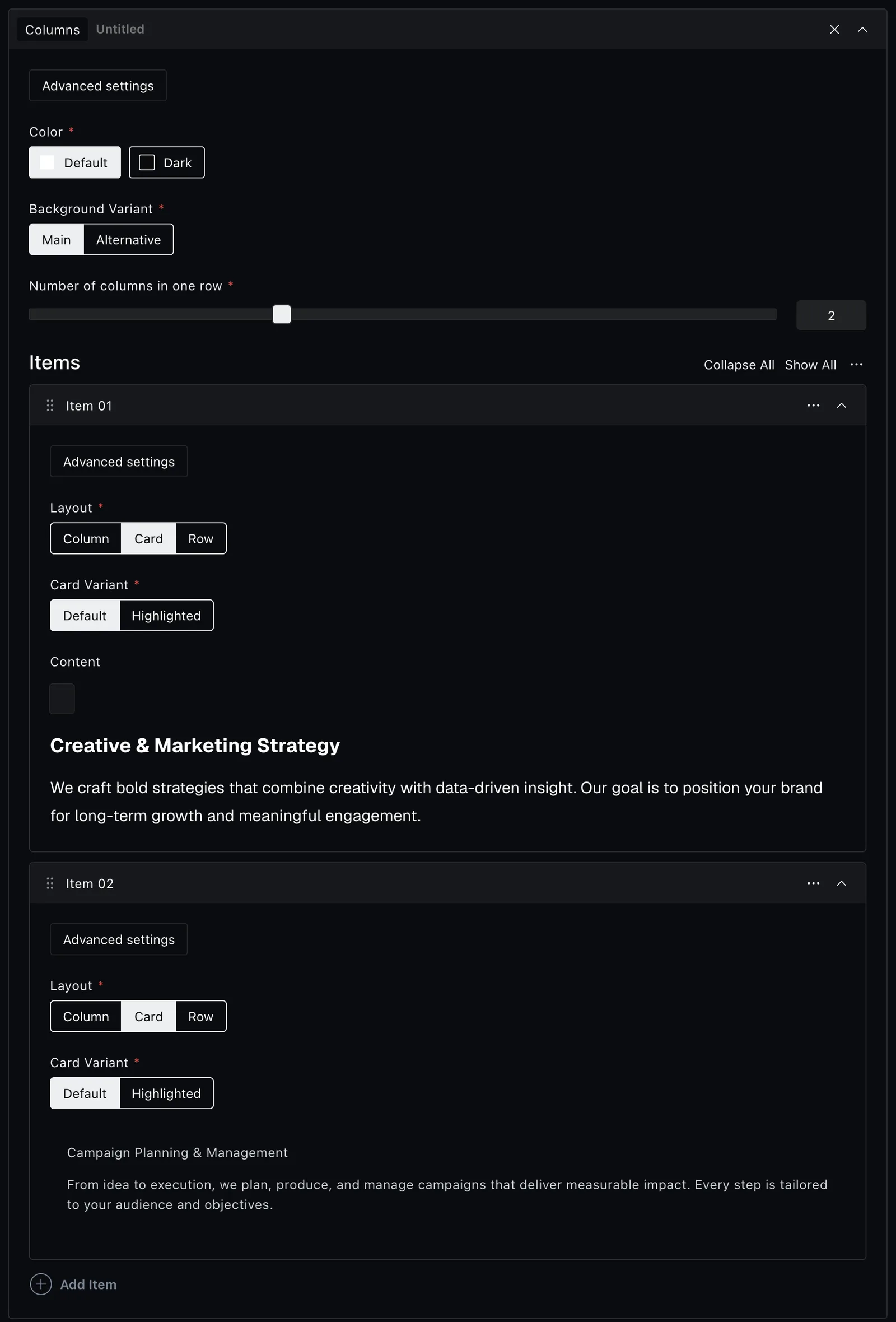 The columns block fields in the Payload editor