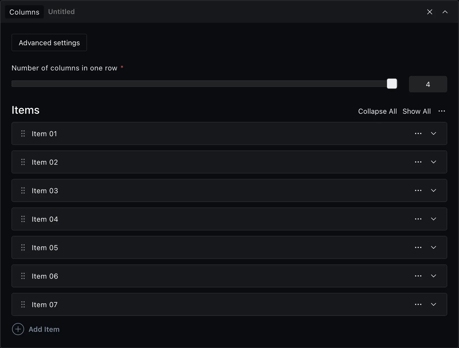 The columns block fields in the Payload editor