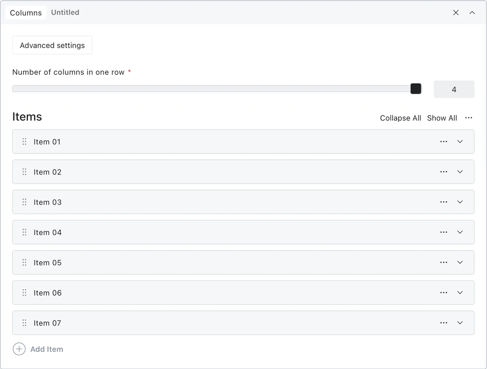 The columns block fields in the Payload editor
