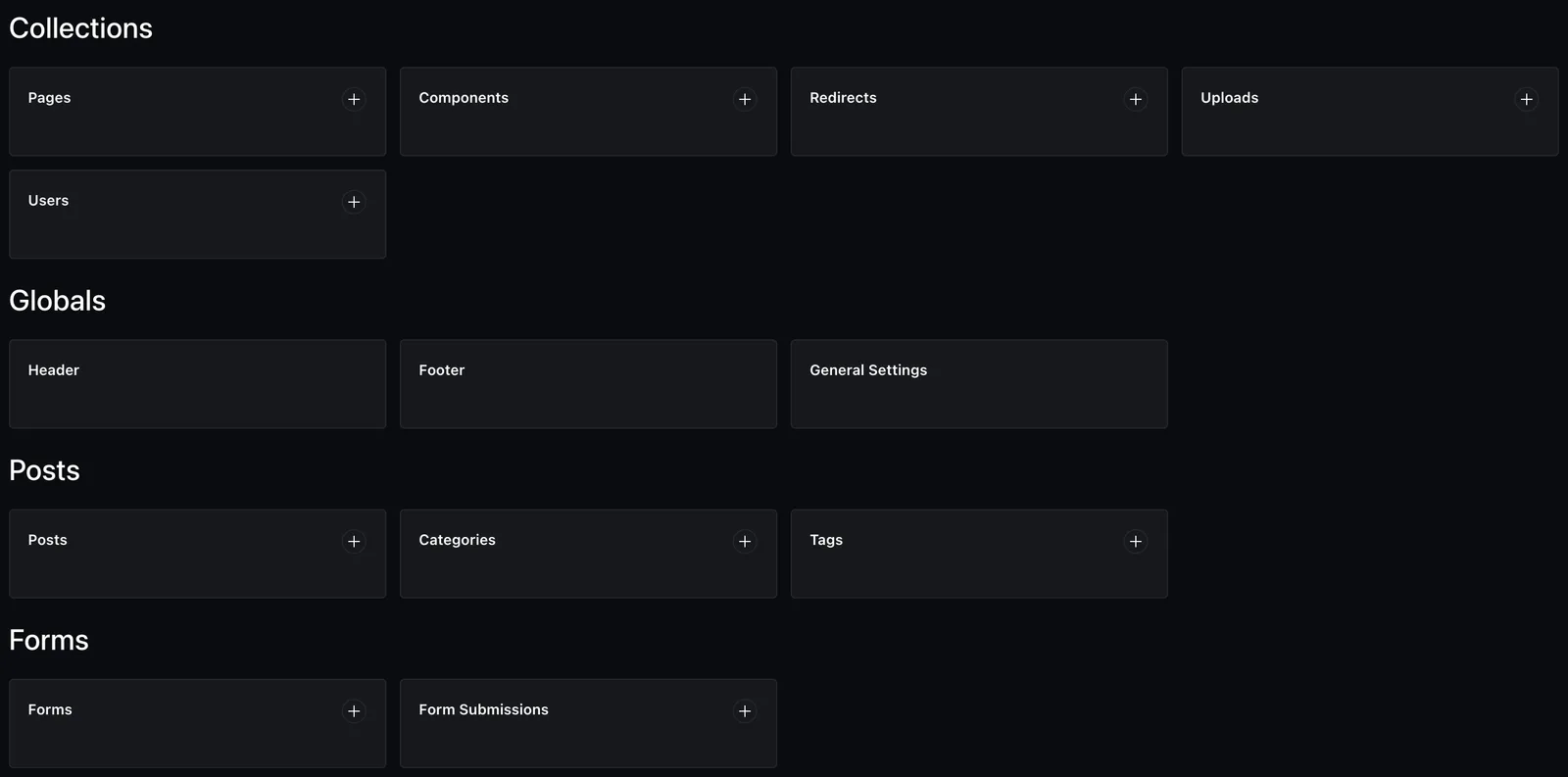 The Admin dashboard with shortcuts to Pages, Uploads, and the shared Header and Footer