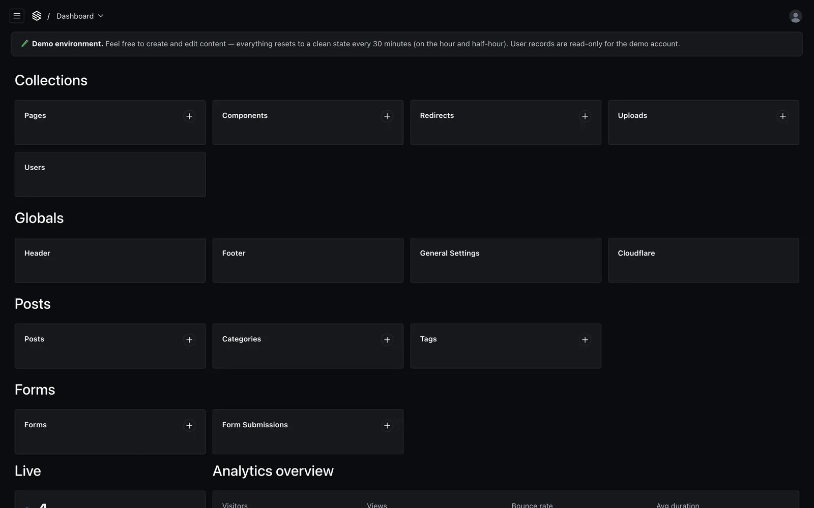 The Admin dashboard with shortcuts to Pages, Uploads, and the shared Header and Footer