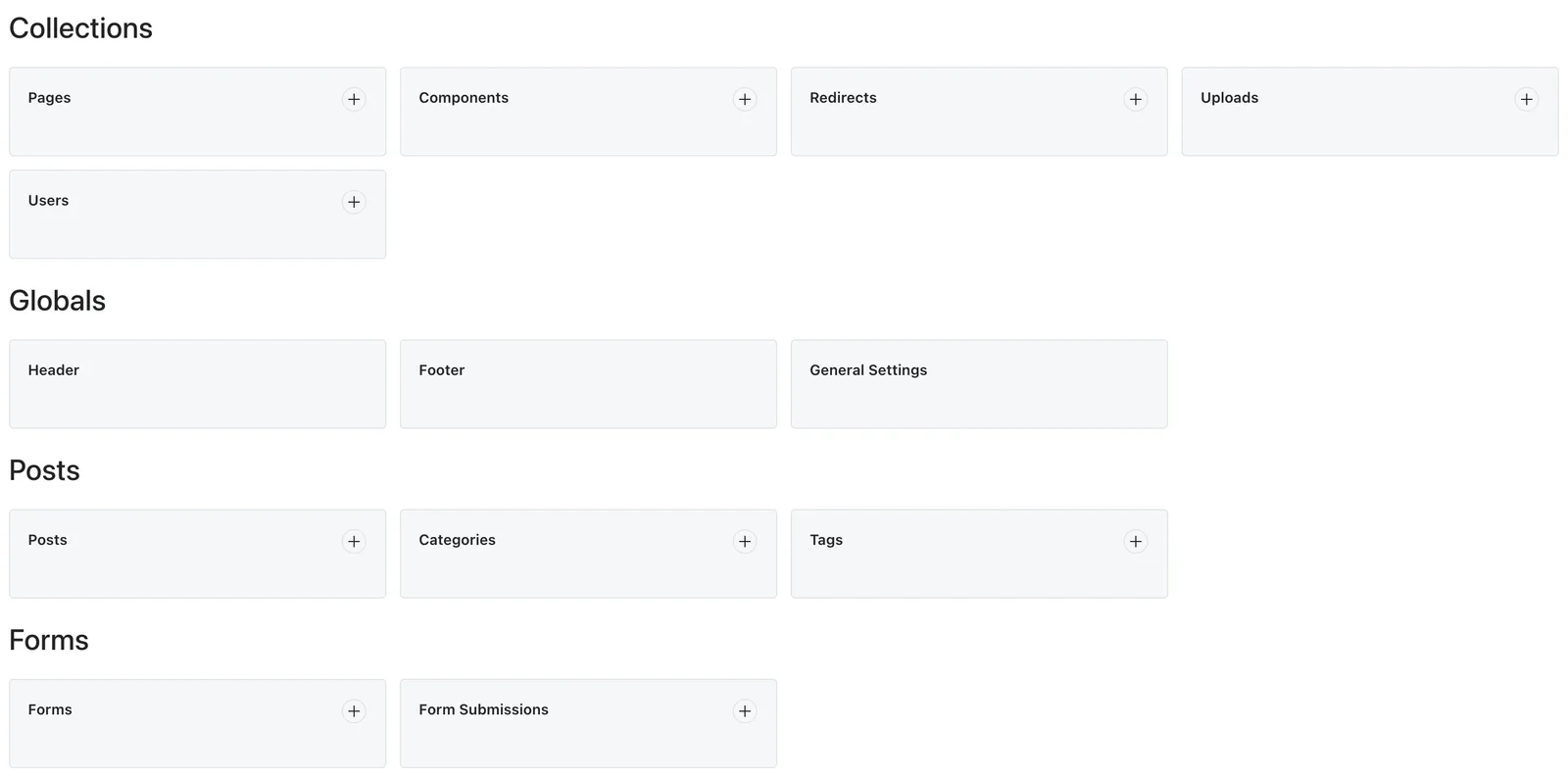 The Admin dashboard with shortcuts to Pages, Uploads, and the shared Header and Footer