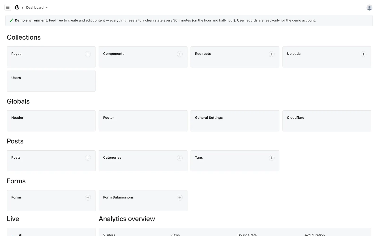 The Admin dashboard with shortcuts to Pages, Uploads, and the shared Header and Footer