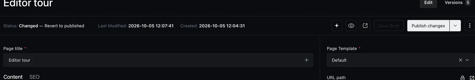 Changed status with Revert to published, Save Draft, and Publish changes