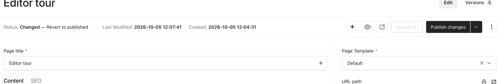 Changed status with Revert to published, Save Draft, and Publish changes