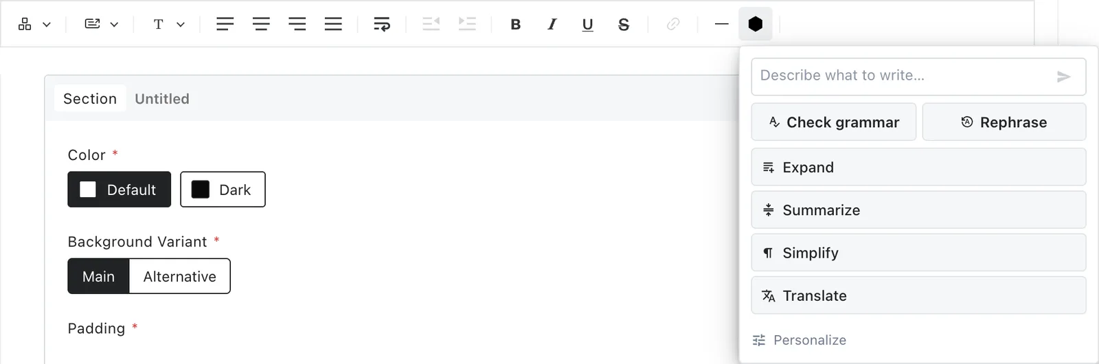 The assistant in the Lexical toolbar