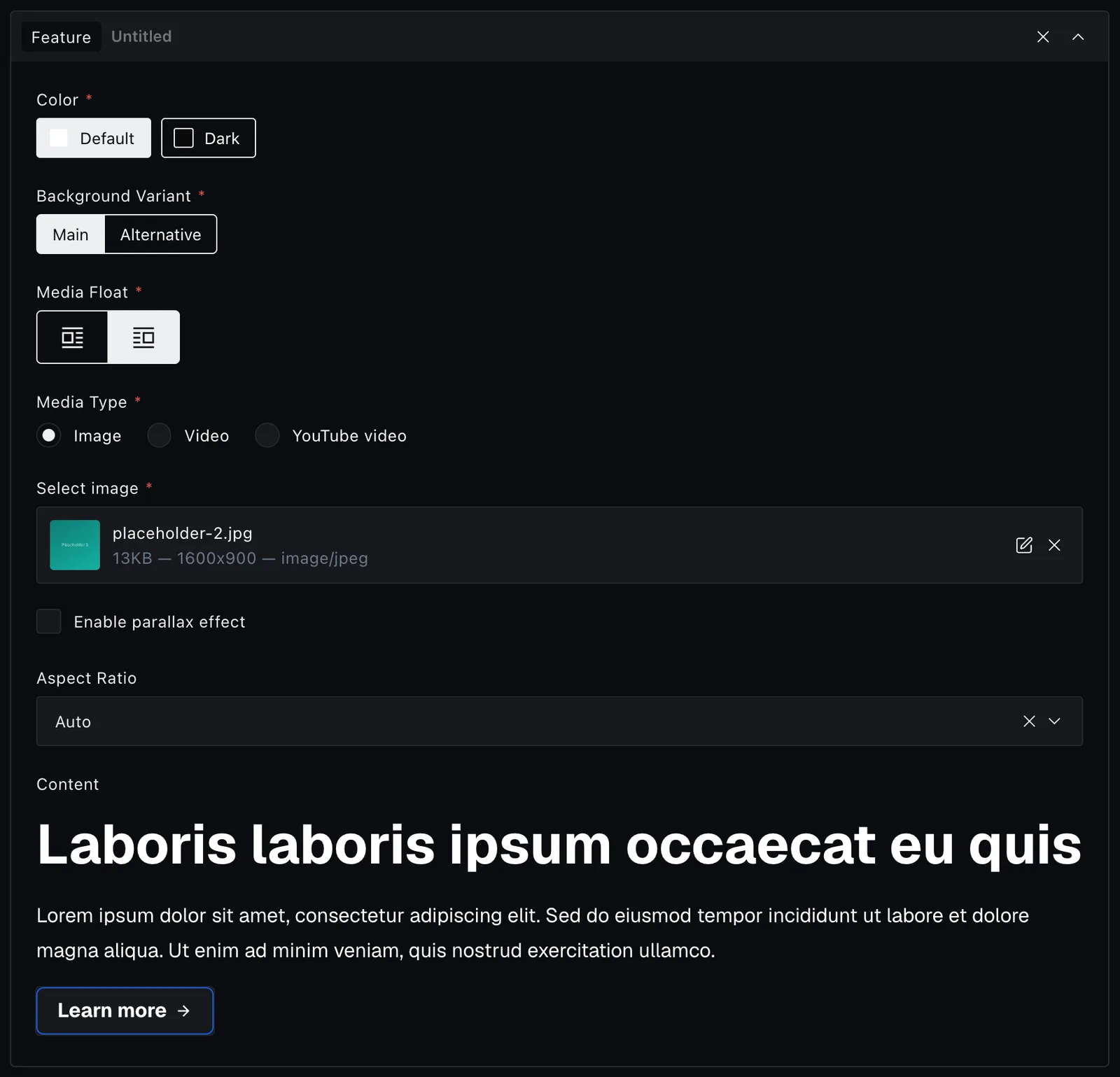 The feature block fields in the Payload editor
