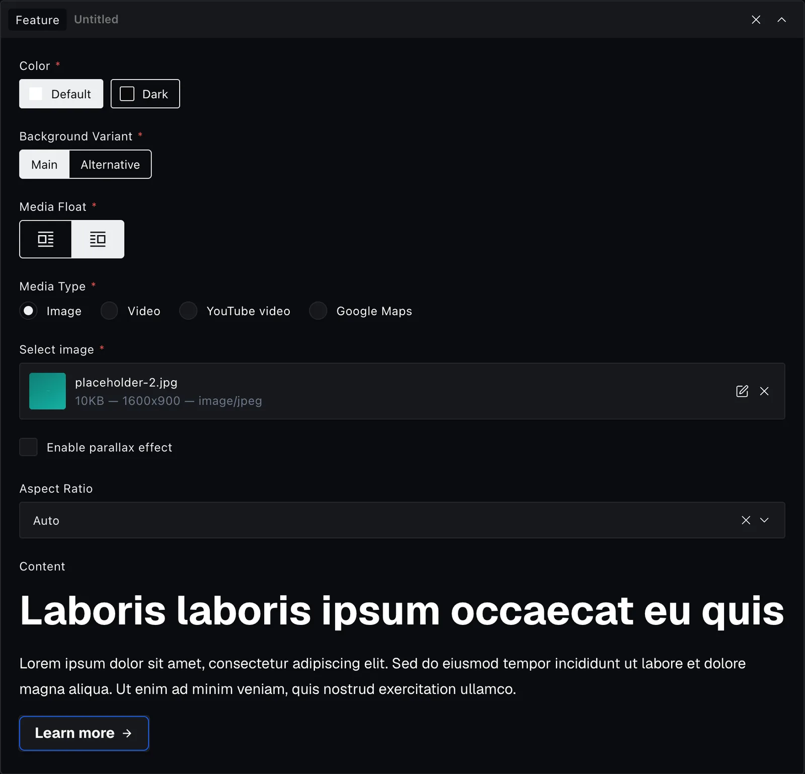 The feature block fields in the Payload editor