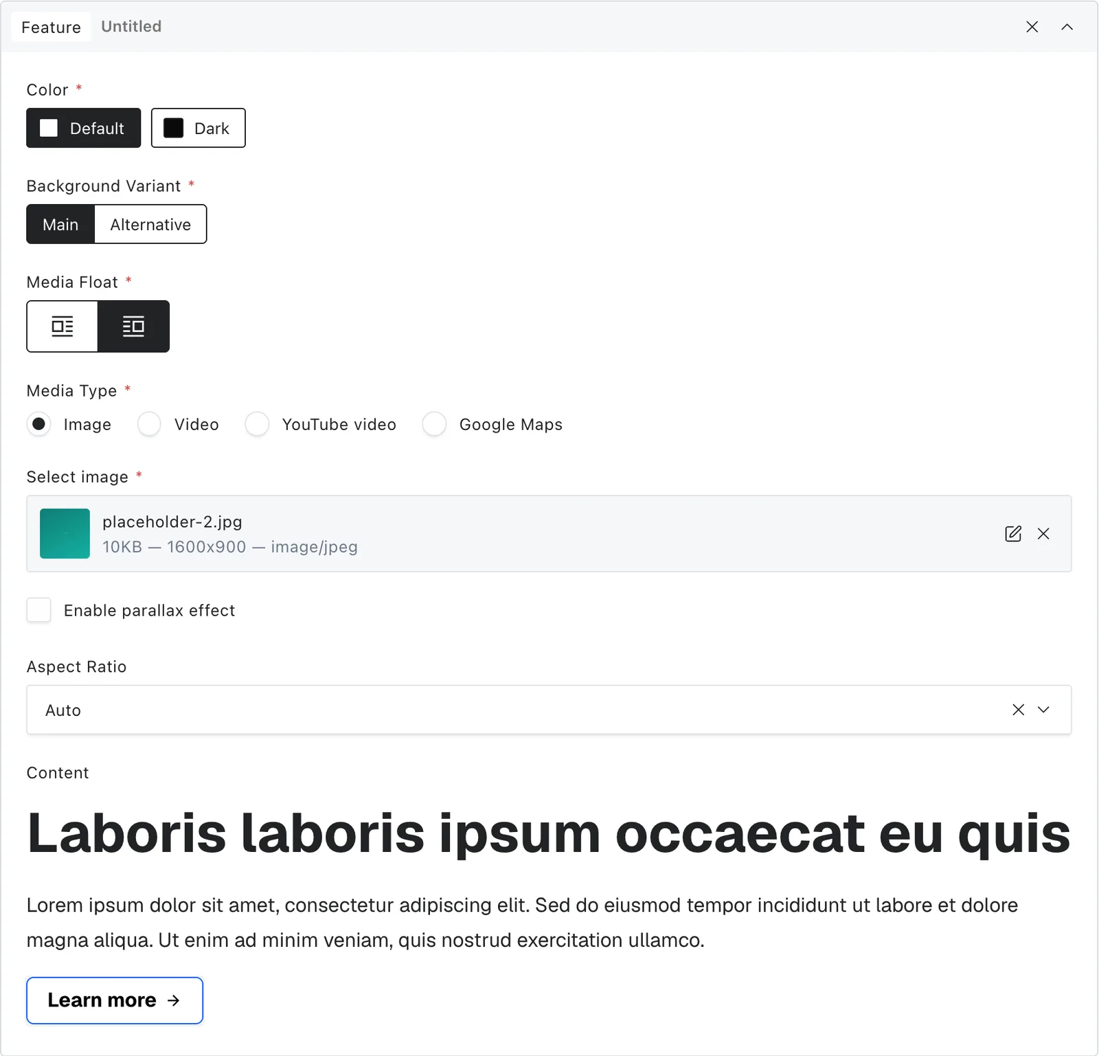 The feature block fields in the Payload editor