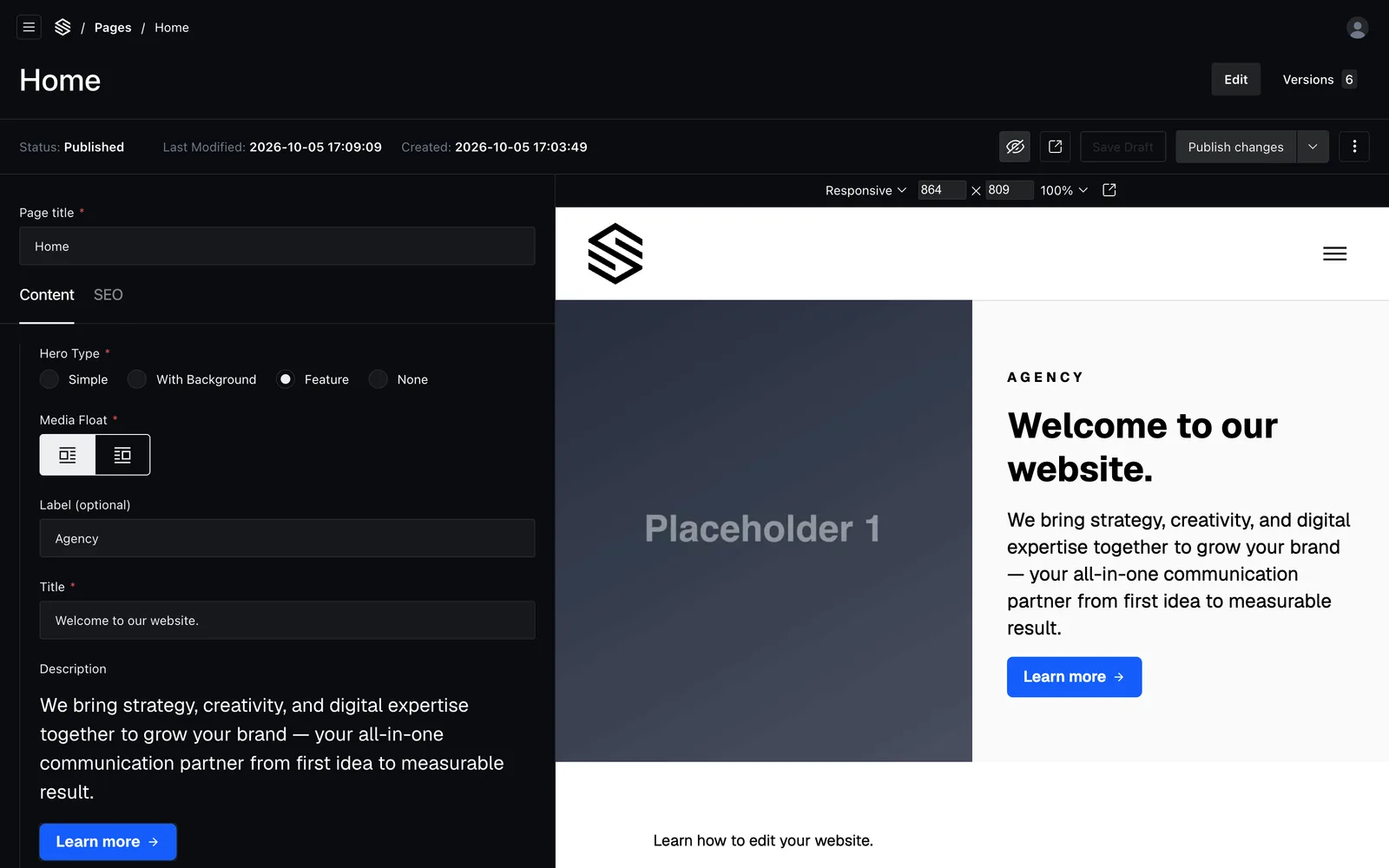 Live Preview showing the revised homepage heading beside the editor