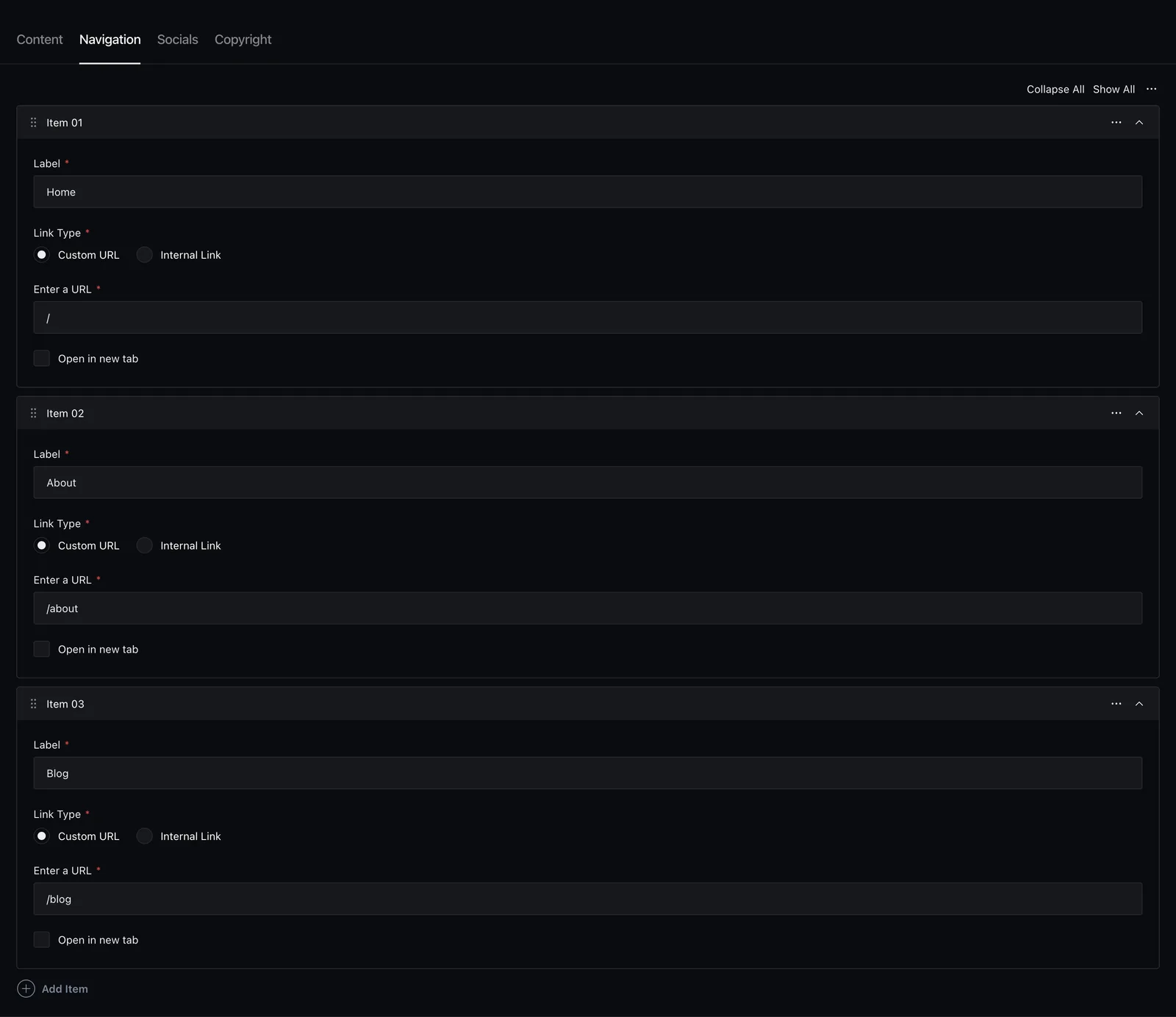 The Footer global's slot content editor