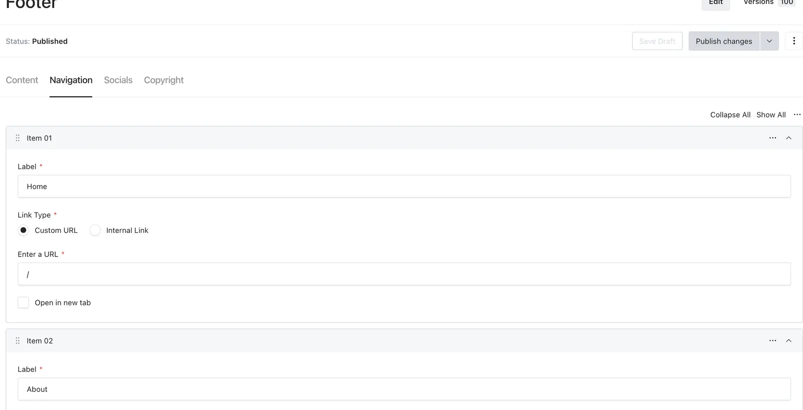 Footer Navigation with its link fields and Content, Navigation, Socials, and Copyright tabs